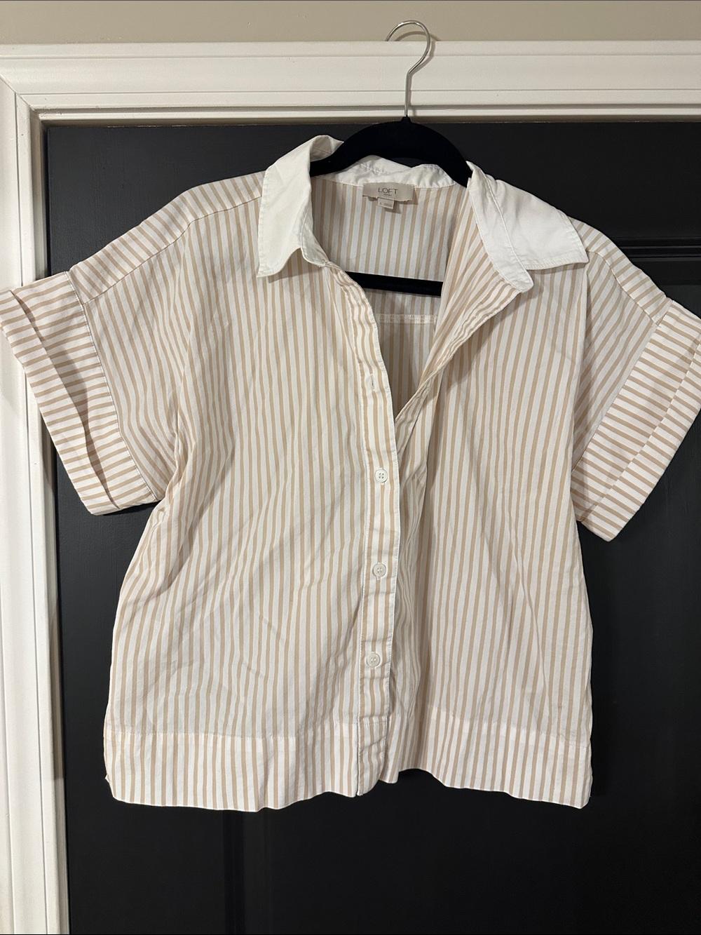 LOFT Beige and White Striped Short-Sleeve Button-Up Blouse